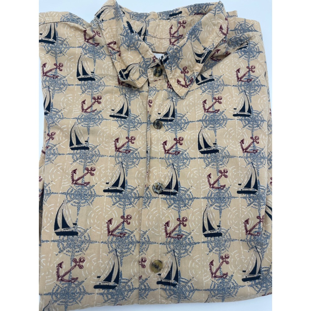 Bohio Breeze Mens XL Nautical Sailboat Anchor Print Cotton Button Down Shirt Tan